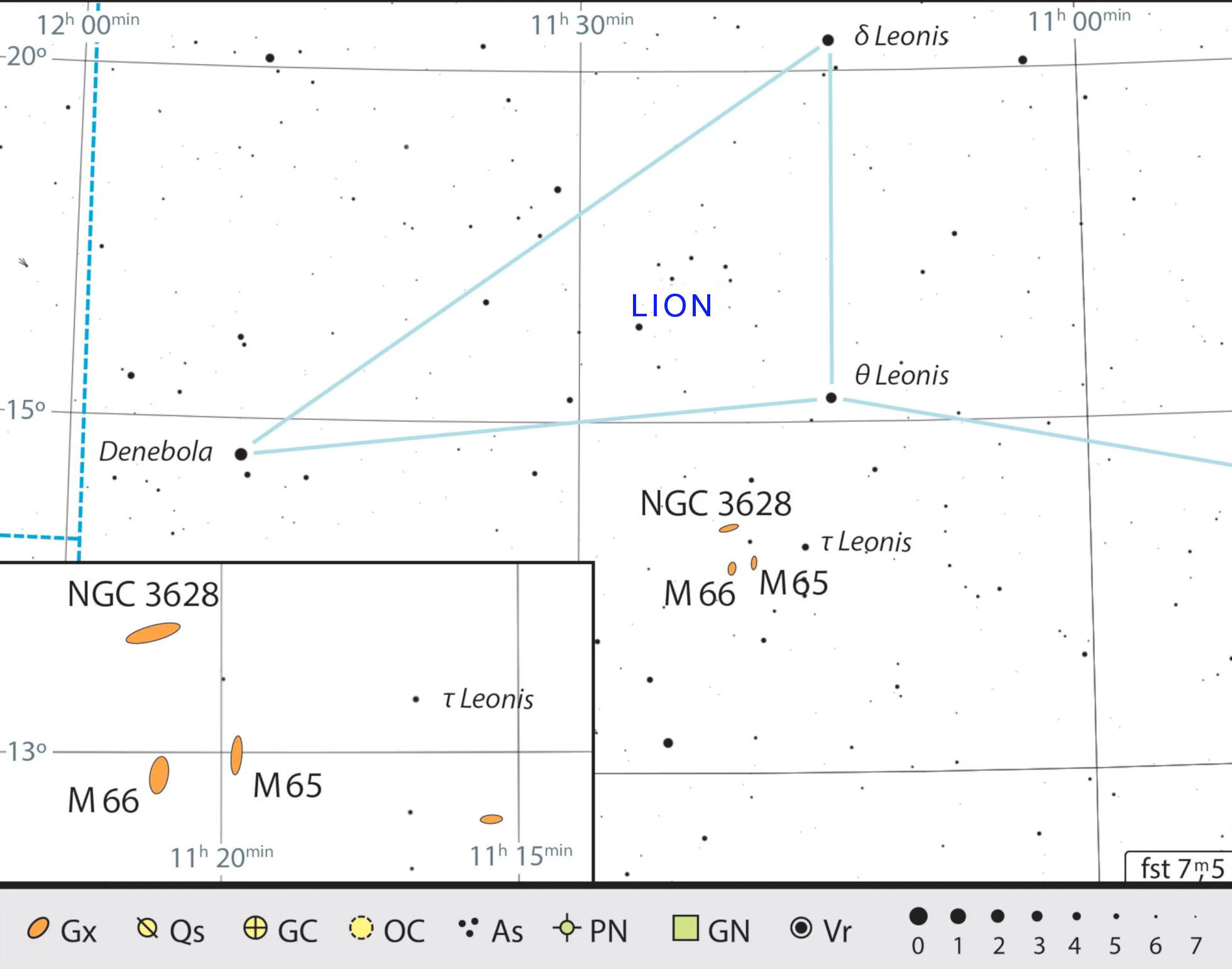 M 65 et M 66 ne sont distantes de τ Leonis que de quelques champs de vision du télescope. J. Scholten
